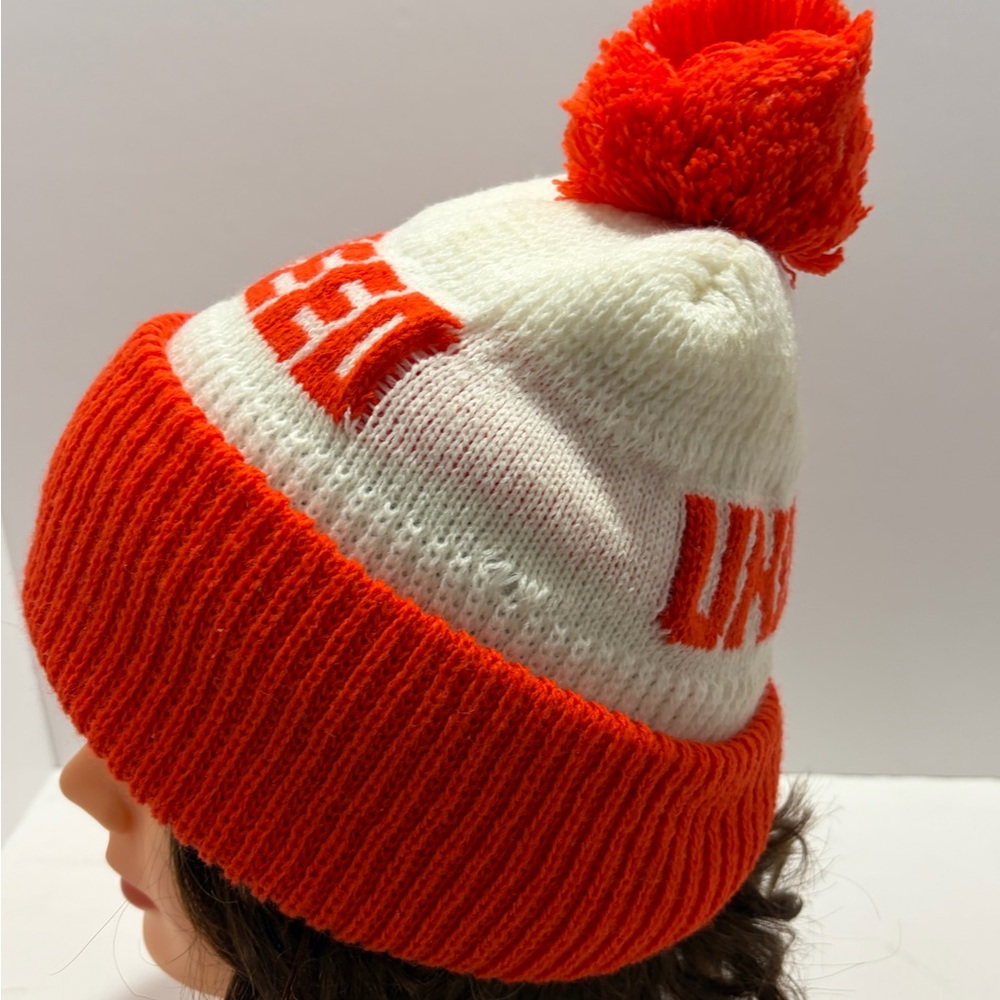 Vintage UNIFEED Orange and White Pom Cuffed Knit Beanie New Old Stock